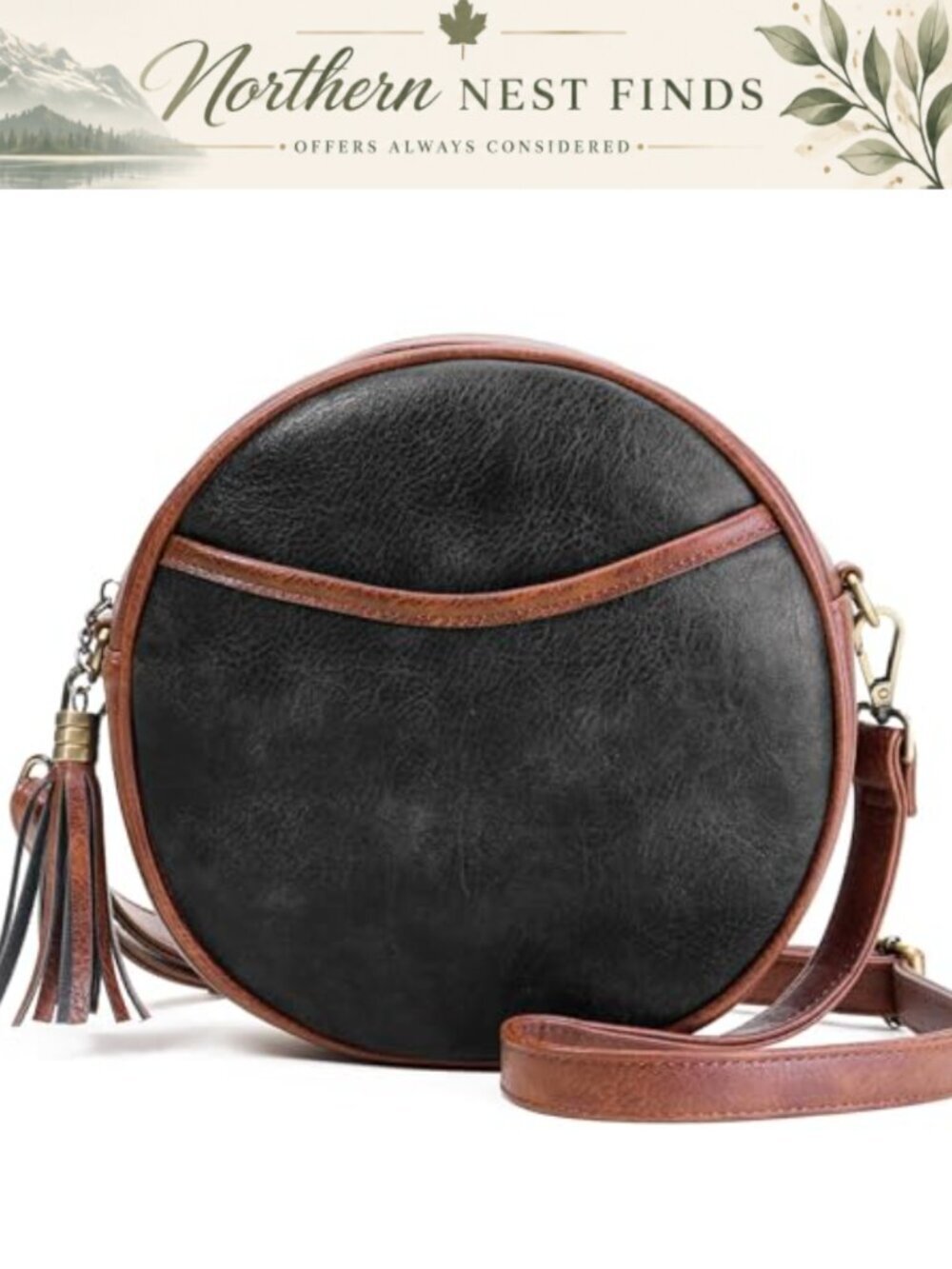 Vegan Leather Round Crossbody Bag with Card Slots Adjustable Strap